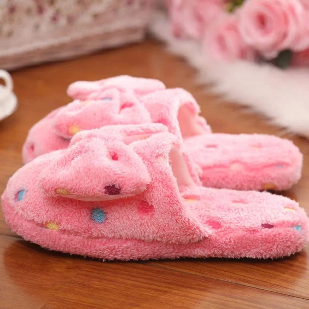 Womens Fuzzy Slippers Soft Plush Warm Memory Foam Slippers Bow Knot Cute Ladies House Slippers Non-Slip Fluffy Slides