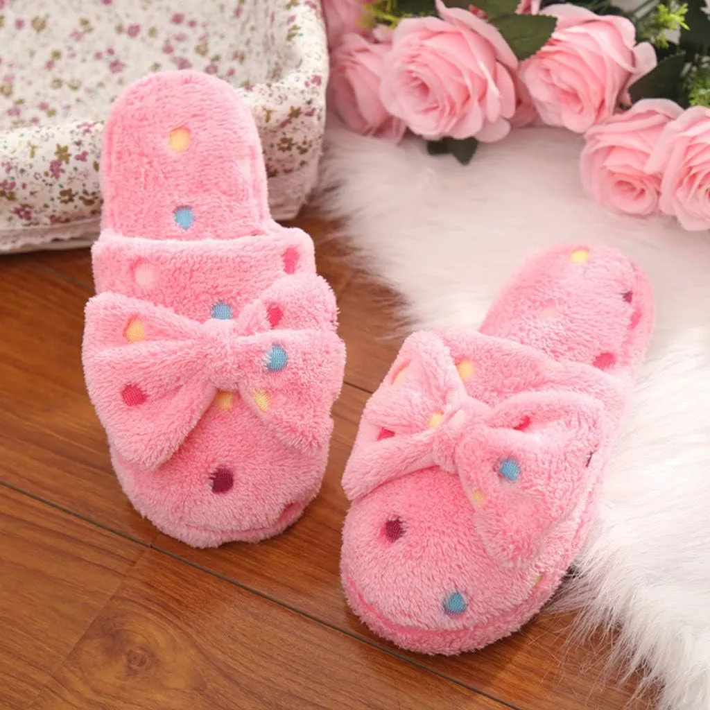 Womens Fuzzy Slippers Soft Plush Warm Memory Foam Slippers Bow Knot Cute Ladies House Slippers Non-Slip Fluffy Slides