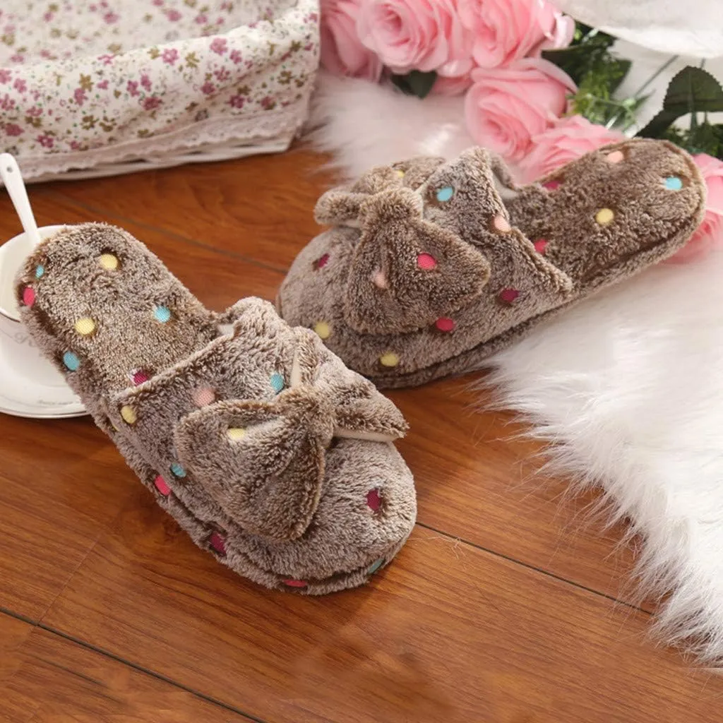Womens Fuzzy Slippers Soft Plush Warm Memory Foam Slippers Bow Knot Cute Ladies House Slippers Non-Slip Fluffy Slides