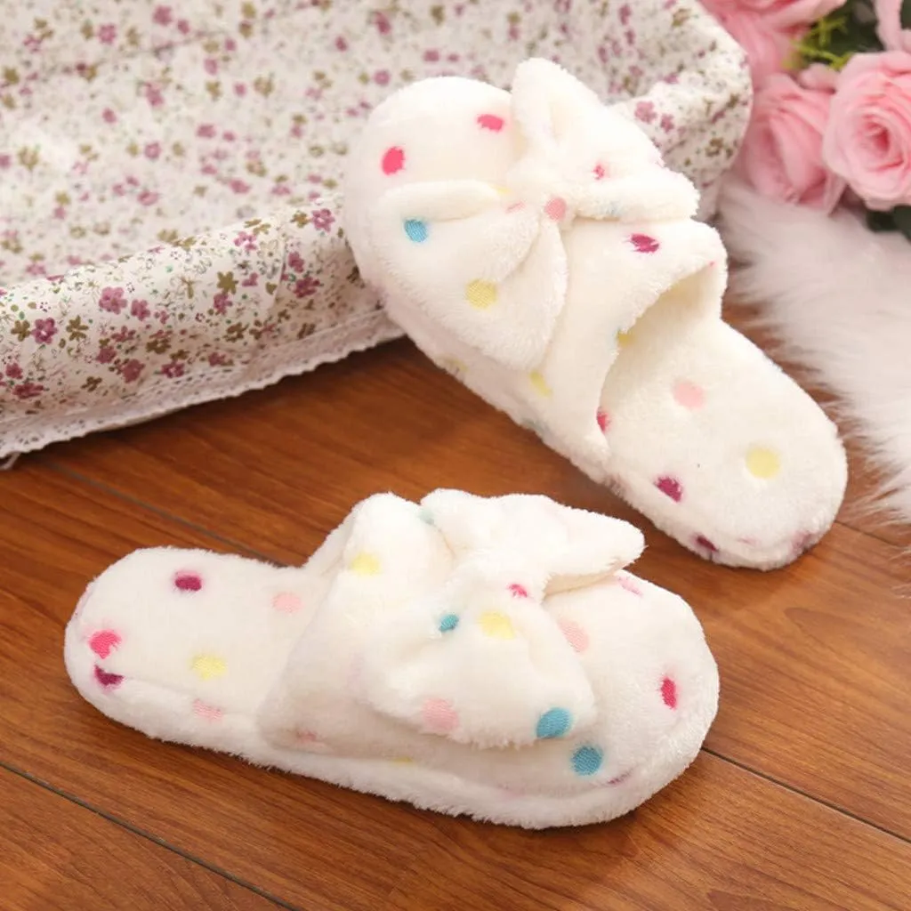 Womens Fuzzy Slippers Soft Plush Warm Memory Foam Slippers Bow Knot Cute Ladies House Slippers Non-Slip Fluffy Slides