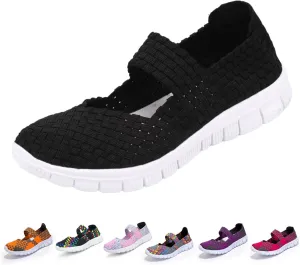 Womens Hand Elastic Woven Walking Flats Sandals Non Slip Mary Jane Shoes Sneakers Casual Fashion Comfortable Slip on Nurse Shoes Lightweight Breathable Platform Wedge Sandals Outdoor Running Loafers