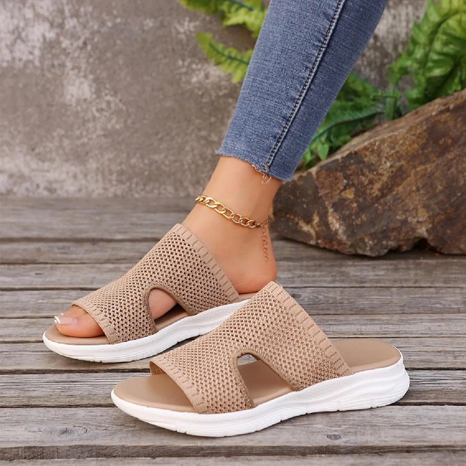 Womens Hollow Mesh Slide Sandals Open-Toe Breathable Mesh Sandal Arch Support Orthopedic Comfortable Wide Width Sport Sandals Summer Beach Walking Slides Shoes