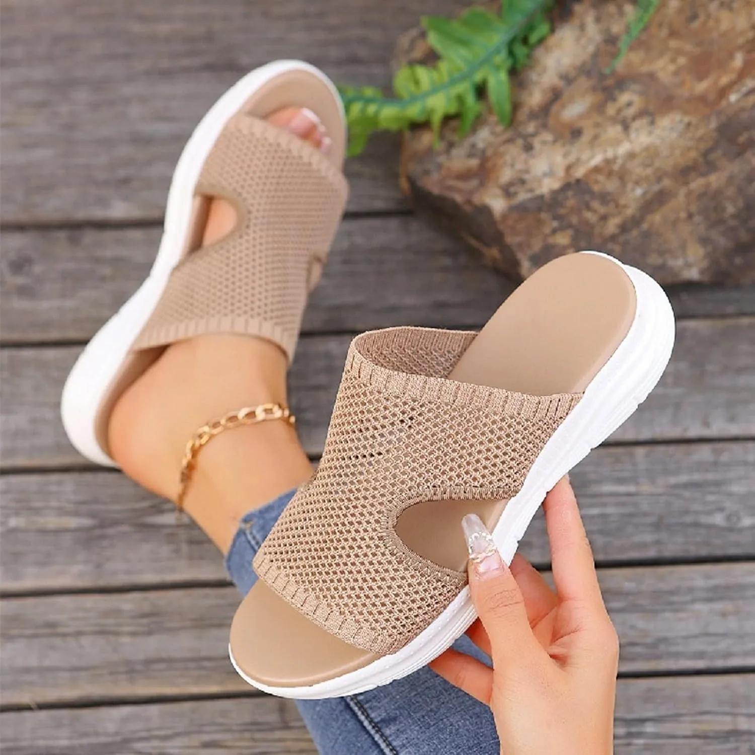 Womens Hollow Mesh Slide Sandals Open-Toe Breathable Mesh Sandal Arch Support Orthopedic Comfortable Wide Width Sport Sandals Summer Beach Walking Slides Shoes