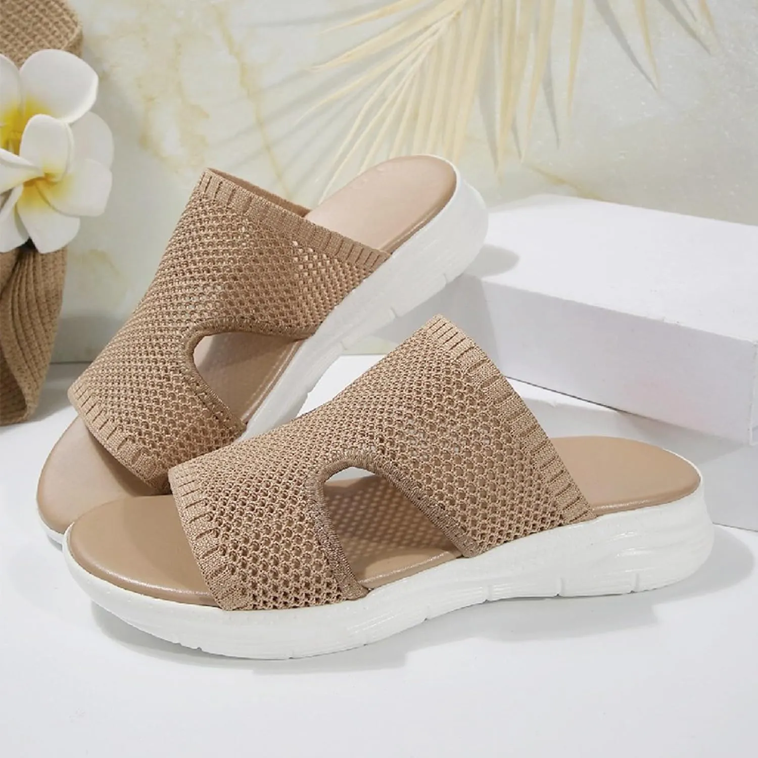 Womens Hollow Mesh Slide Sandals Open-Toe Breathable Mesh Sandal Arch Support Orthopedic Comfortable Wide Width Sport Sandals Summer Beach Walking Slides Shoes