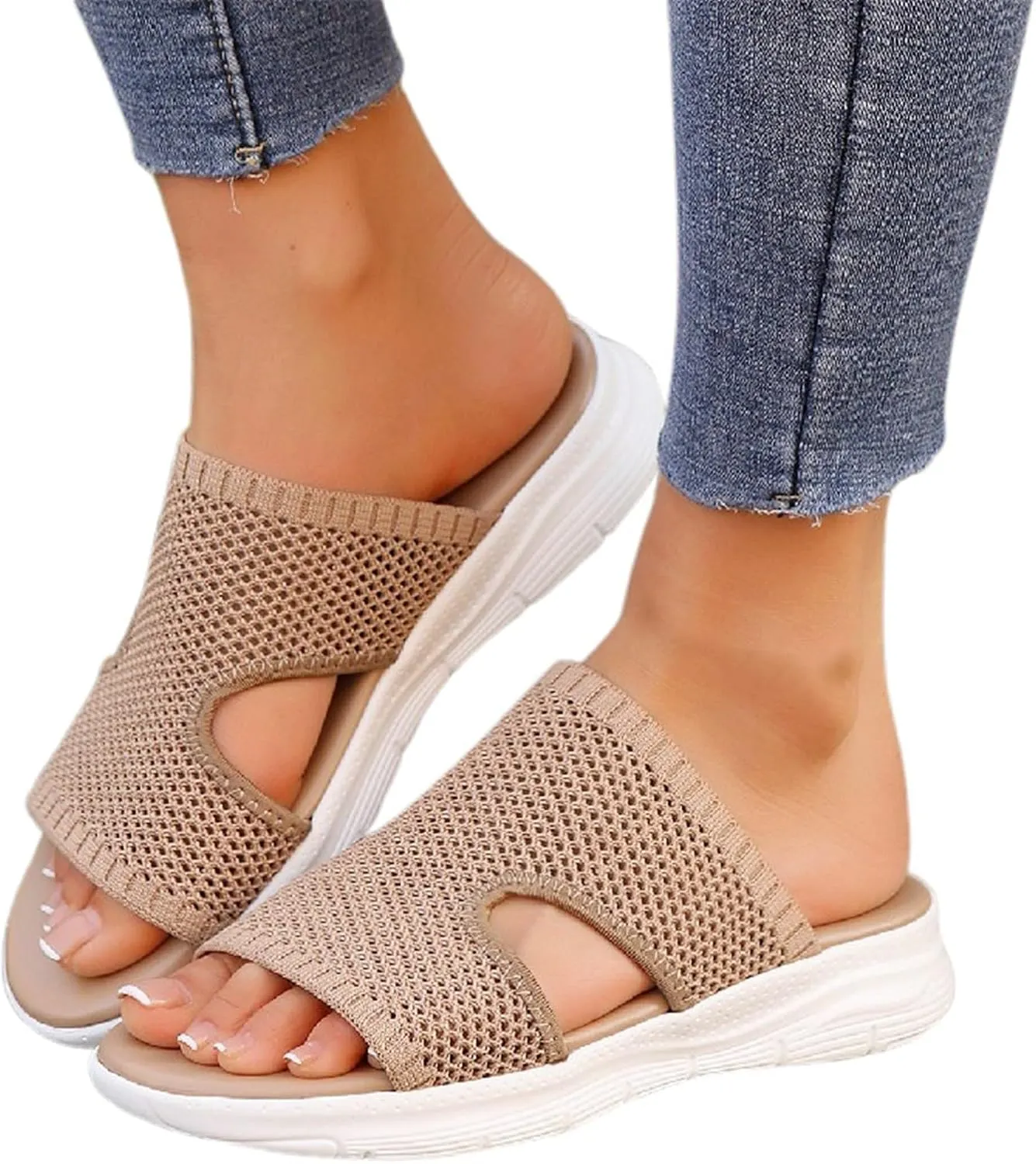 Womens Hollow Mesh Slide Sandals Open-Toe Breathable Mesh Sandal Arch Support Orthopedic Comfortable Wide Width Sport Sandals Summer Beach Walking Slides Shoes