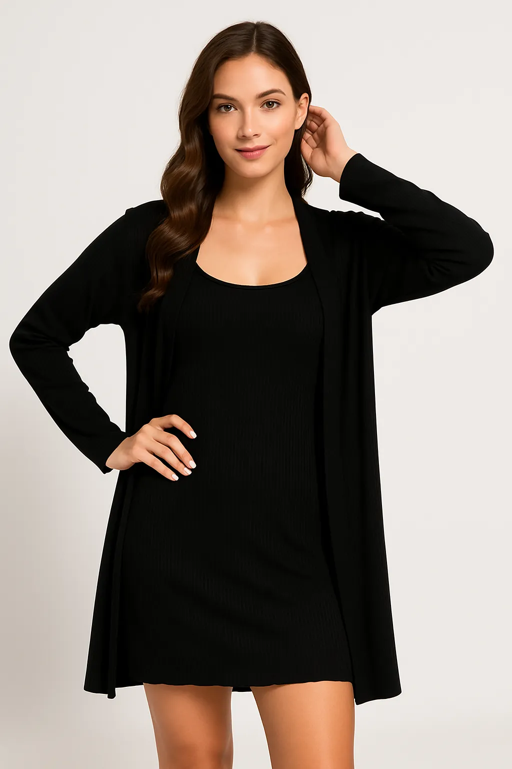Womens Loungewear Set  Ribbed Knit  Slim Fit Sleep Dress & Relaxed Open Robe