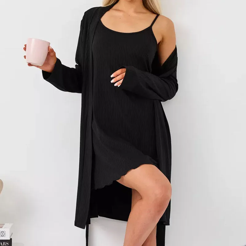 Womens Loungewear Set  Ribbed Knit  Slim Fit Sleep Dress & Relaxed Open Robe