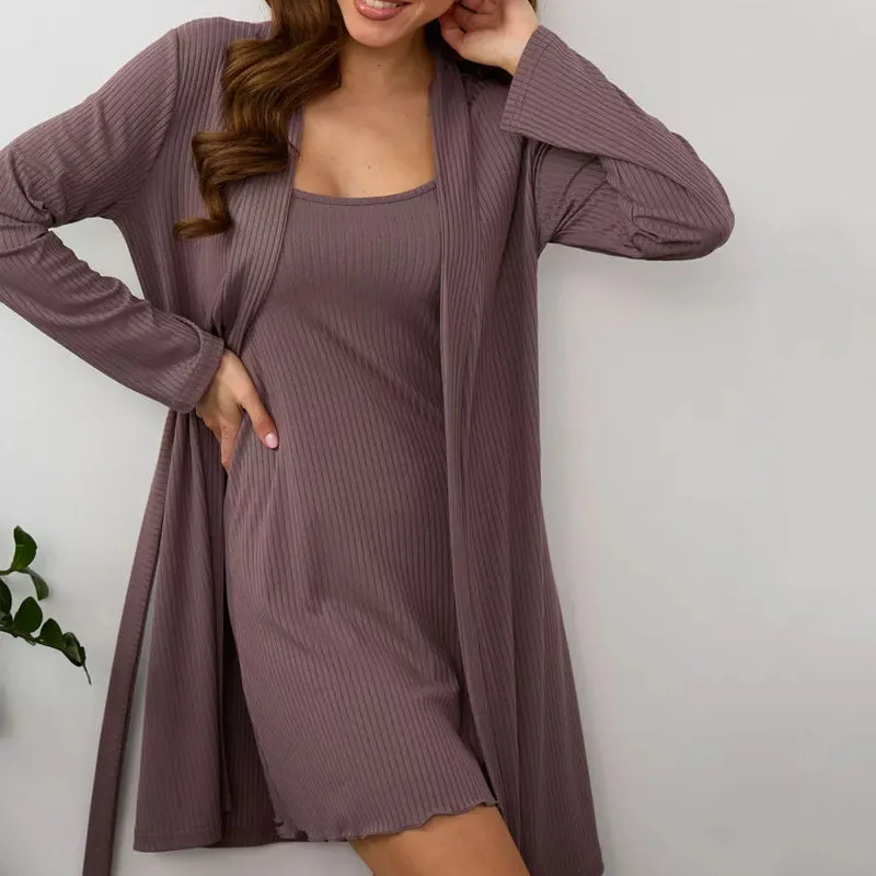 Womens Loungewear Set  Ribbed Knit  Slim Fit Sleep Dress & Relaxed Open Robe