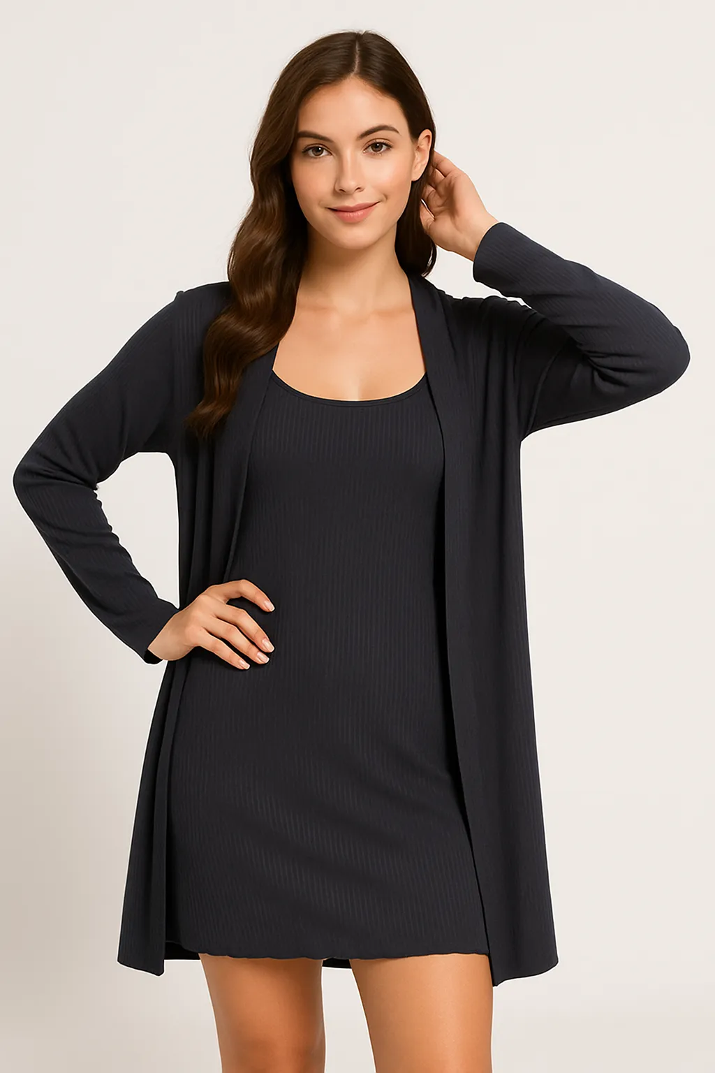Womens Loungewear Set  Ribbed Knit  Slim Fit Sleep Dress & Relaxed Open Robe