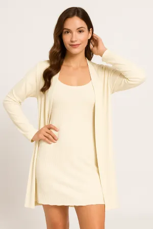 Womens Loungewear Set  Ribbed Knit  Slim Fit Sleep Dress & Relaxed Open Robe