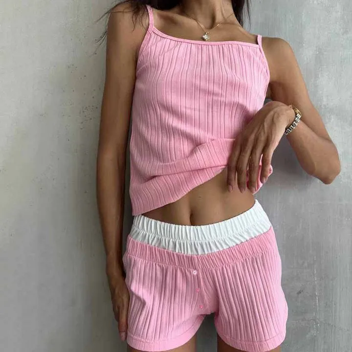 Womens Pajama Set  Ribbed Knit  Tie-Front Cardigan  Flowy Shorts  Relaxed Fit