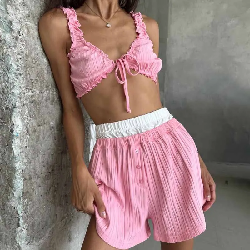 Womens Pajama Set  Ribbed Knit  Tie-Front Cardigan  Flowy Shorts  Relaxed Fit