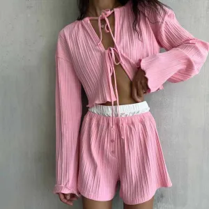 Womens Pajama Set  Ribbed Knit  Tie-Front Cardigan  Flowy Shorts  Relaxed Fit