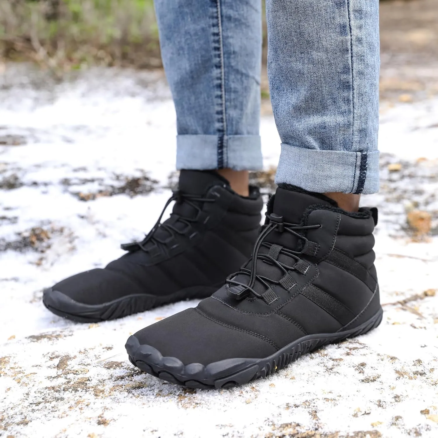 ZWRXW Men's Women's Winter Barefoot Hiking Boots Zero Drop Snow Boots Waterproof Warm Fur Lined Winter Hiking Boot Minimalist Slip On Shoes Wide Toe Box Ankle Booties