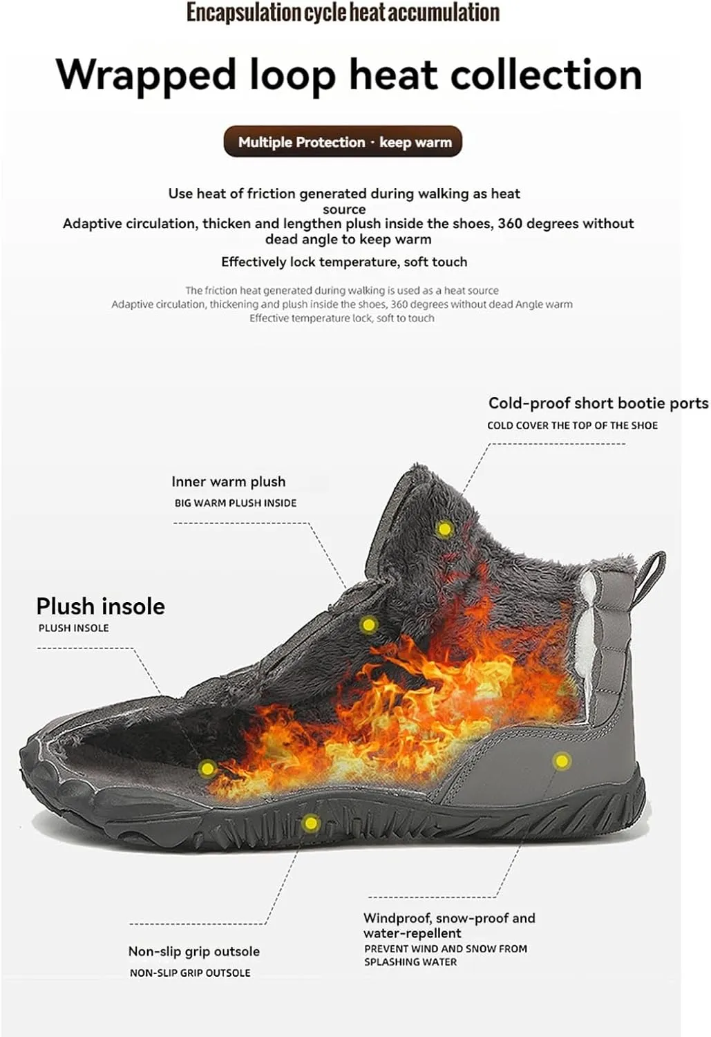 ZWRXW Men's Women's Winter Barefoot Hiking Boots Zero Drop Snow Boots Waterproof Warm Fur Lined Winter Hiking Boot Minimalist Slip On Shoes Wide Toe Box Ankle Booties